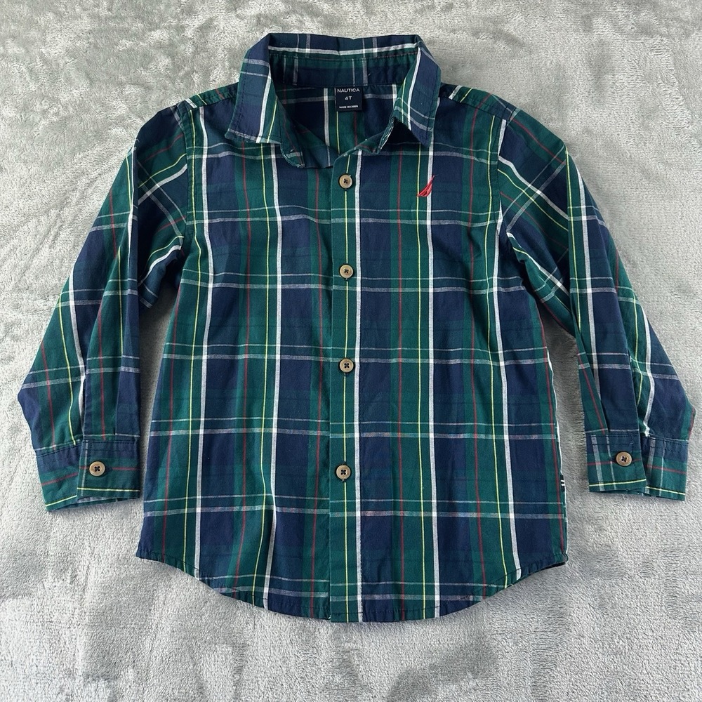Nautica Button Up Shirt Boys 4T Green Plaid w/ Blue Red Yellow White